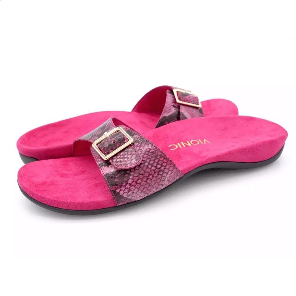 Vionic Womens Pink Rest Santos Snake Slide Sandals
